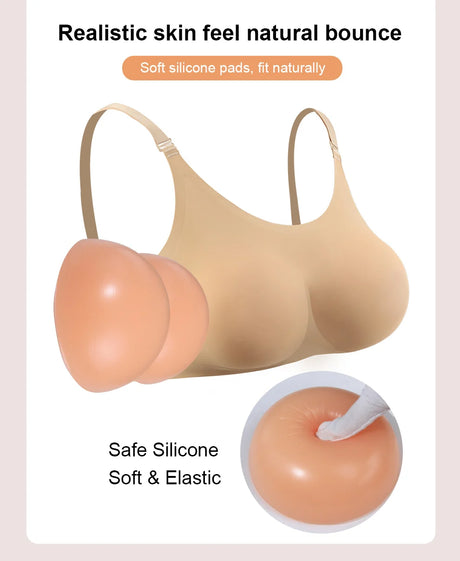 2024 Round Shape Silicone Fake Breast Forms Push Up Seamless One Piece Bra for Crossdresser Shemale Drag Queen Large 2 In 1
