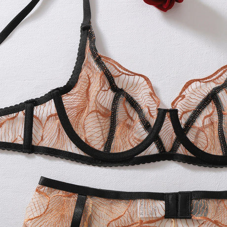 Diccvicc Sexy Bronze Embroidery Lingerie Set Sheer Mesh Contrast Black Harness Bra Garter Belt Women Elegant Intimate Underwear