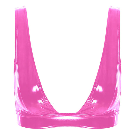 Womens Lingerie Fashion Wetlook Faux Leather Bra Sexy Wire-free No Pad Bra Top Brassiere Raves Pole Dances Costume Clubwear