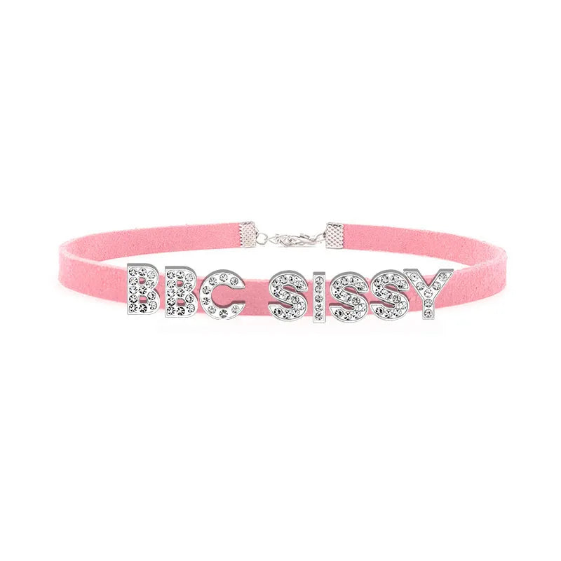 Sexy Rhinestone Letters Hotwife Collar Choker for Women Men DIY Customized Necklaces Pink Suede Leather Cosplay Jewelry Gift
