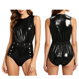 Women One Piece Adaptive Pajama Nightwear Shiny Metallic Sleeveless Buttoned Sleeveless Jumpsuit Waterproof Rompers Bodysuit