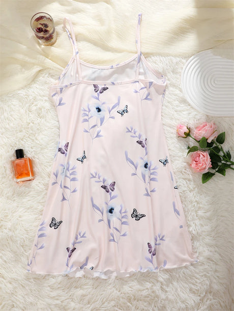 New Women's Silk Satin Print Nightwear Home Clothes Sexy Sleeveless Ruffled Hem Sleep Dress Female Comfortable Nightgown Clothes