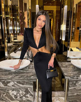 Deep V Neck Long Sleeve Sexy Maxi Dress Women Gown Autumn Fashion Hollow Out Backless High Waist Club Party Long Dress