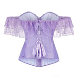 Women Sky Blue Retro Jacquard Corset Tops Lace Short Sleeved One Shoulder Sexy Slimming Shaper Overbust Bustiers Lingerie