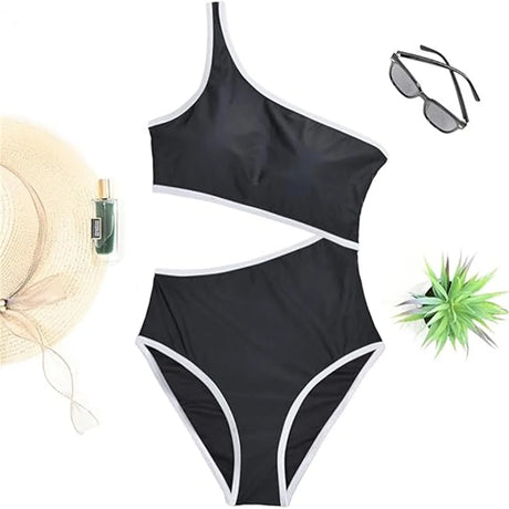 Vzvn 2026 New Women Swimwear Female Padded Bather Bathing Suit Swim Colors Cut Out One Shoulder Splicing One Piece Swimsuit