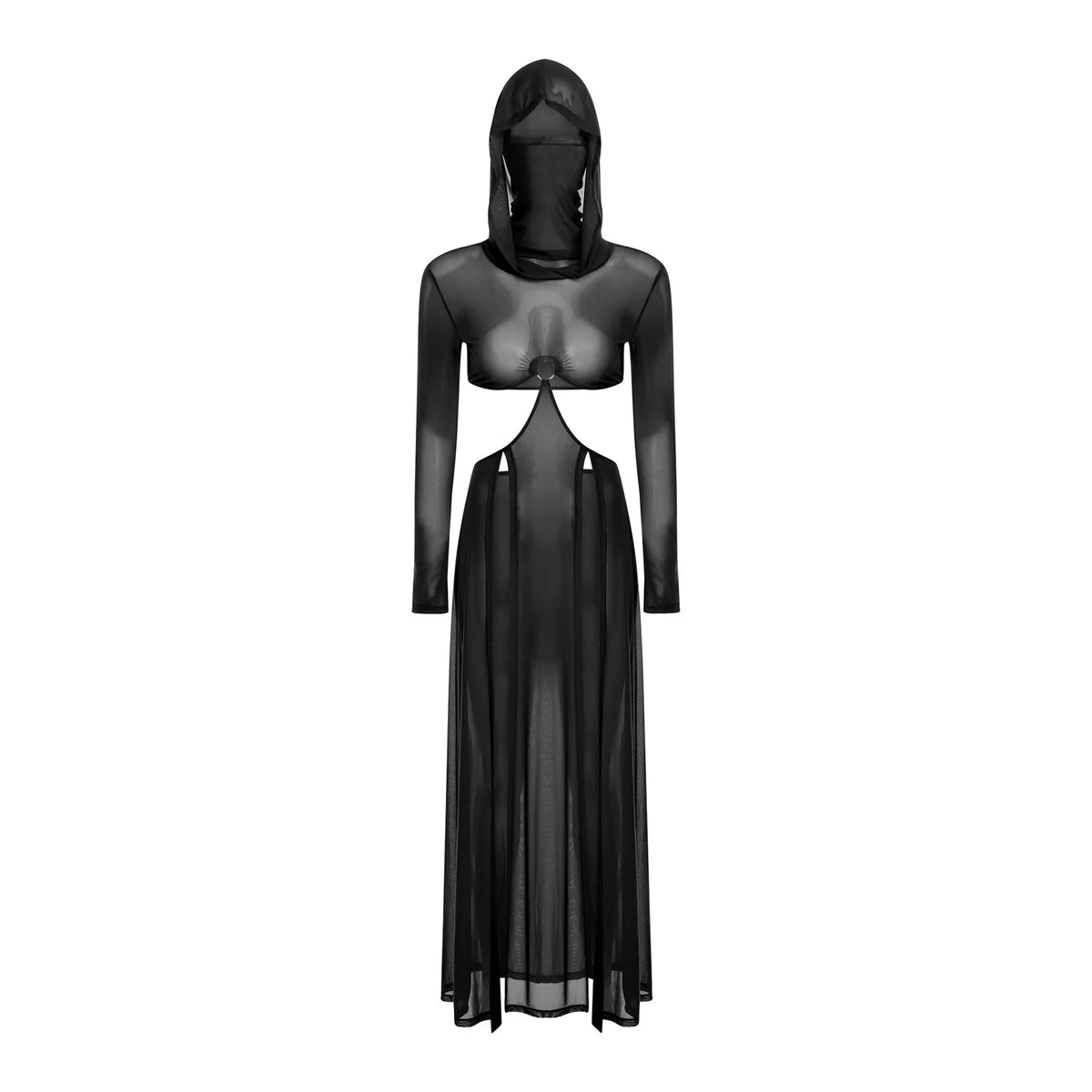Women Wet Look Mesh Maxi Dress with Hooded Cosplay Sexy High Slit Lingerie Face Mask Long Sleeves Hollow Out Sheer Nightdress