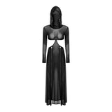 Women Wet Look Mesh Maxi Dress with Hooded Cosplay Sexy High Slit Lingerie Face Mask Long Sleeves Hollow Out Sheer Nightdress