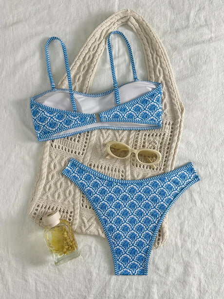 Sexy Bandeau Bikini  Women Green Floral Pleate Push Up Padded Thong Swimsuit Summer Bathing Suit Two Piece Swimwear Biquini