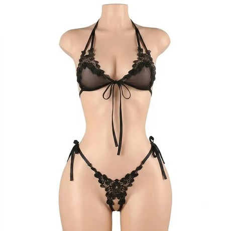 Women's Sexy Pink Mesh Underwear High Elasticity Fishnet Hollow Out Three Piece Open Crotch Babydoll Set Exotic Lingerie