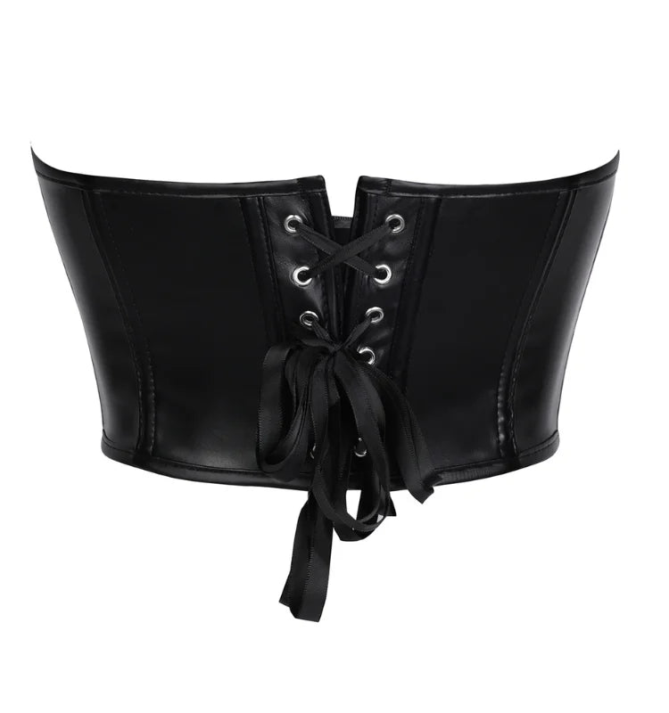 Women Faux Leather Strapless Corset Boned Back Lace Up Waist Cincher Gothic Party Club Night Out Wear