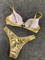 Shiny PU Faux Leather Bikini Push Up Swimsuit Women Swimwear Female Two-pieces Bikini set Bra Cup Bather Bathing Suit Swim