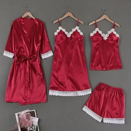 Sleepwear Sleep Suit Sexy Womens Lace Pajamas Sets V-Neck Satin Pijamas Intimate Lingerie Spring Nightwear Home Wear PJS
