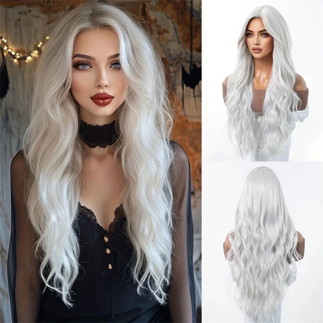 Silver White Medium Large Wave Synthetic Long Curly Hair Fashionable Elegant Pure White Imitation Wig Women's Wig
