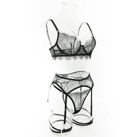 Women's Pink Floral Lace Sheer Lingerie Set See-Through Push-Up Bra Waist Cincher with Garter Belt Thong Intimate Erotic Outfits