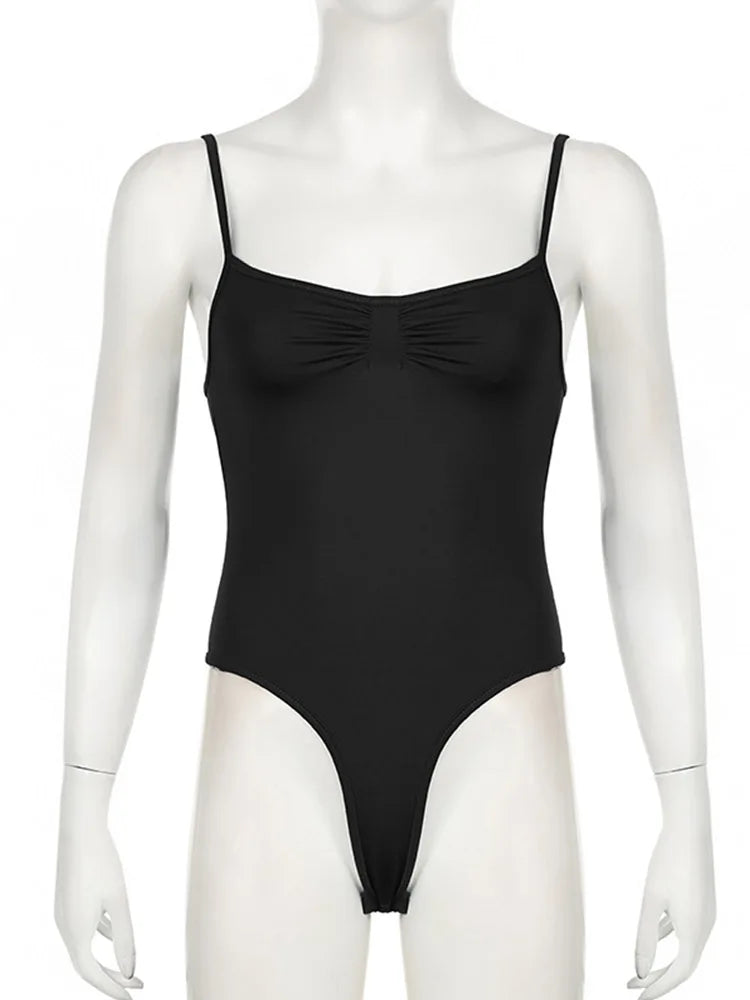 Women's Sleeveless Skinny Shirring Bodysuit Spaghetti Strap Black Solid Simple Basic Sexy Camisole for Vacation