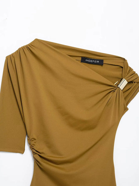 HH Vintage Women's Asymmetric Bustier Tops 2025 Female Sexy Skew Collar Off-shoulder Pleated Metal Decorate Shirt Streetwear