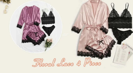 Women's Summer Sexy Pajama Pants Set 4 Pieces Lace Satin With Silk Sleepwear Robe Fashion And Comfortable Nightwear