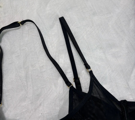 Tornova Erotic Lingerie New Mesh See-through Sexy Hollow Chest + Metal Decoration with Gloves and Stockings Sexy Underwear Set