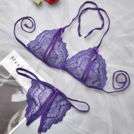 New Style Erotic Three-point Lingerie Set Women's Lace Hollowed Out Non Adjustable Underwear Sexy Crotchless Low Waist G-string