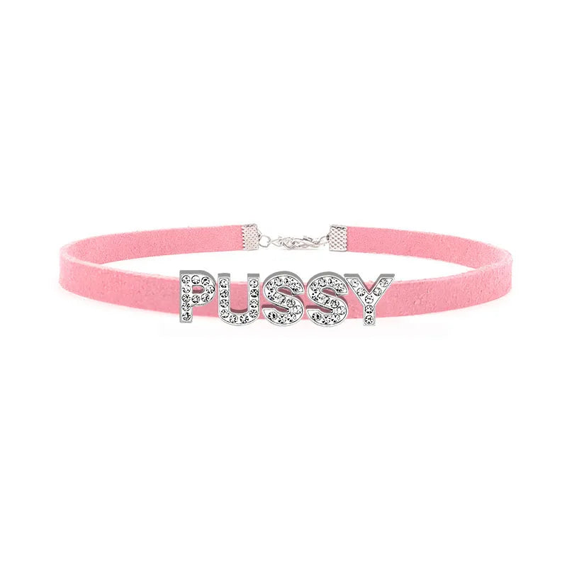 Sexy Rhinestone Letters Hotwife Collar Choker for Women Men DIY Customized Necklaces Pink Suede Leather Cosplay Jewelry Gift
