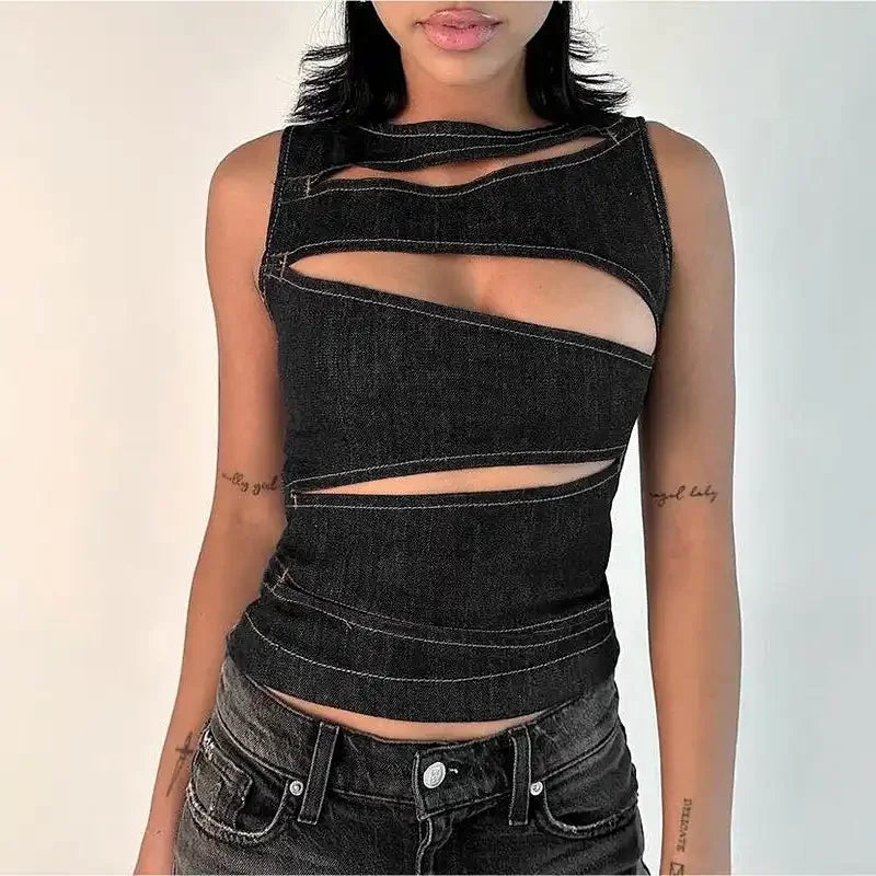 Women's Black Denim Cut Out Crop Top Sleeveless Asymmetric Hollow Out Fitted Streetwear Tank Top