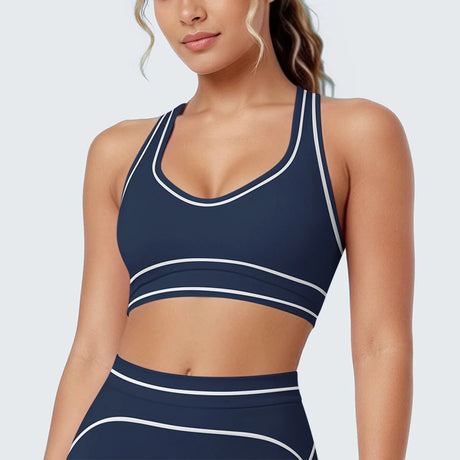 Women's Yoga Bra Vest Fitness Tank Running Workout Gym Top Push Up Padded Soft Slim Contrast Piping Racerback Sports Underwear