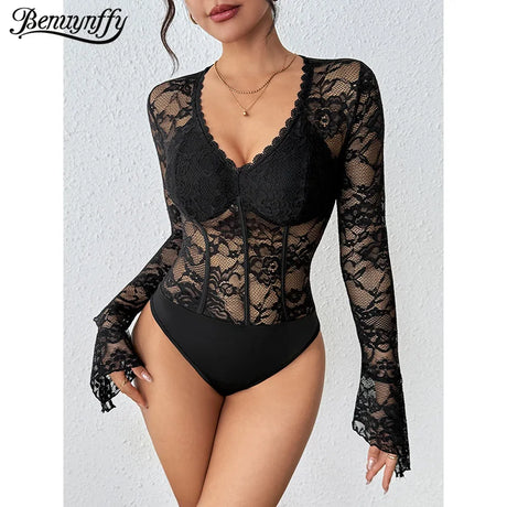 Benuynffy Black V-neck Long Sleeve Bodysuit Women's Sexy See Through Lace Bodys for Women Slim Fit One Pieces Tight Body Top