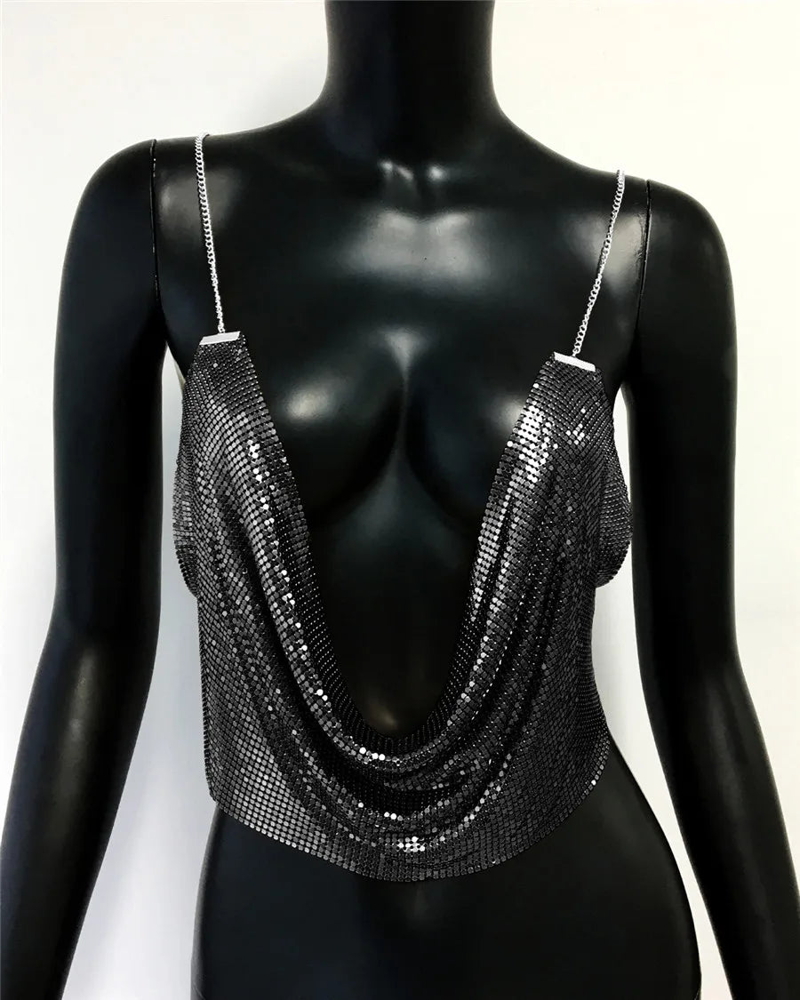 Fashion Metallic Sequins Party Tank Top Sexy Deep V Neck Backless Spaghetti Straps Sling Crop Top 2024 Rave Nightclub Camisole