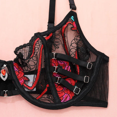 Ellolace Seductive Sexy Lingerie Bra Belt Thong 3PC Set Beautiful Floral Embroidered Intimate Tempted Women Underwear