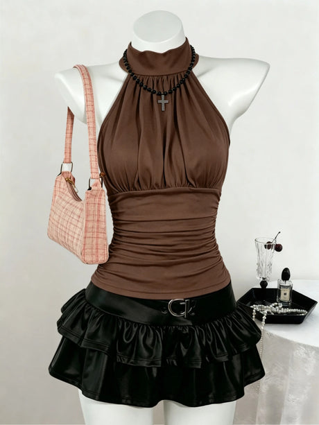 Women Beaded High Neck Halter Sleeveless Top Side Ruched Slim Fit Solid Black Crop Tank Top 2026 Summer Gothic Streetwear Club P