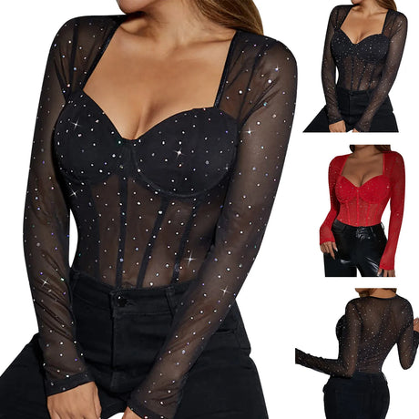 Women Long Sleeve Tops Sexy Bodysuit Y2k Shiny Rhinestone Mesh Corset Overbust Vintage Streetwear Black Red Jumpsuits Romper