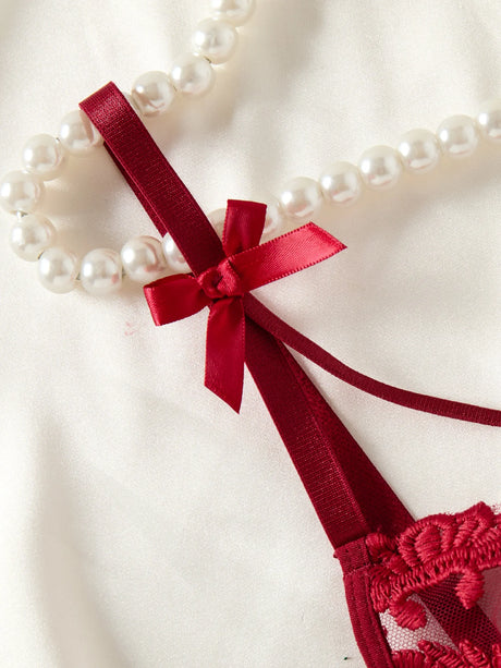 Ladies' Wine Red Countryside Style Wheat Ear Embroidery Semi Transparent Nightgown, Elegant and Comfortable, Bow Design ZA825066