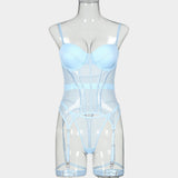 MUZISKAT Mesh  Lingerie Luxury Brand Bodysuit Backless Tops for Women 3 Piece Lingerie Set with Garter Sexydresses for Women