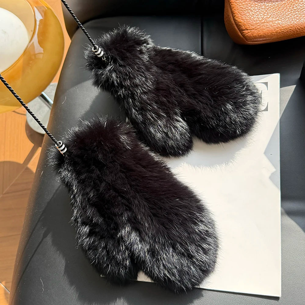 Hot Sale Women's 100% Natural Rabbit Fur Winter Gloves Warm Knit Thick Thermal Mittens Soft Real Fur Outdoor Cold Weather Glove