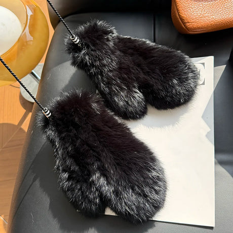 Hot Sale Women's 100% Natural Rabbit Fur Winter Gloves Warm Knit Thick Thermal Mittens Soft Real Fur Outdoor Cold Weather Glove