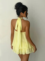 Women Halter Neck Backless Tie Mini Dress Summer Sleeveless Chiffon Ruffle Short Dresses Sexy Club Party Beach Vacation Outfit