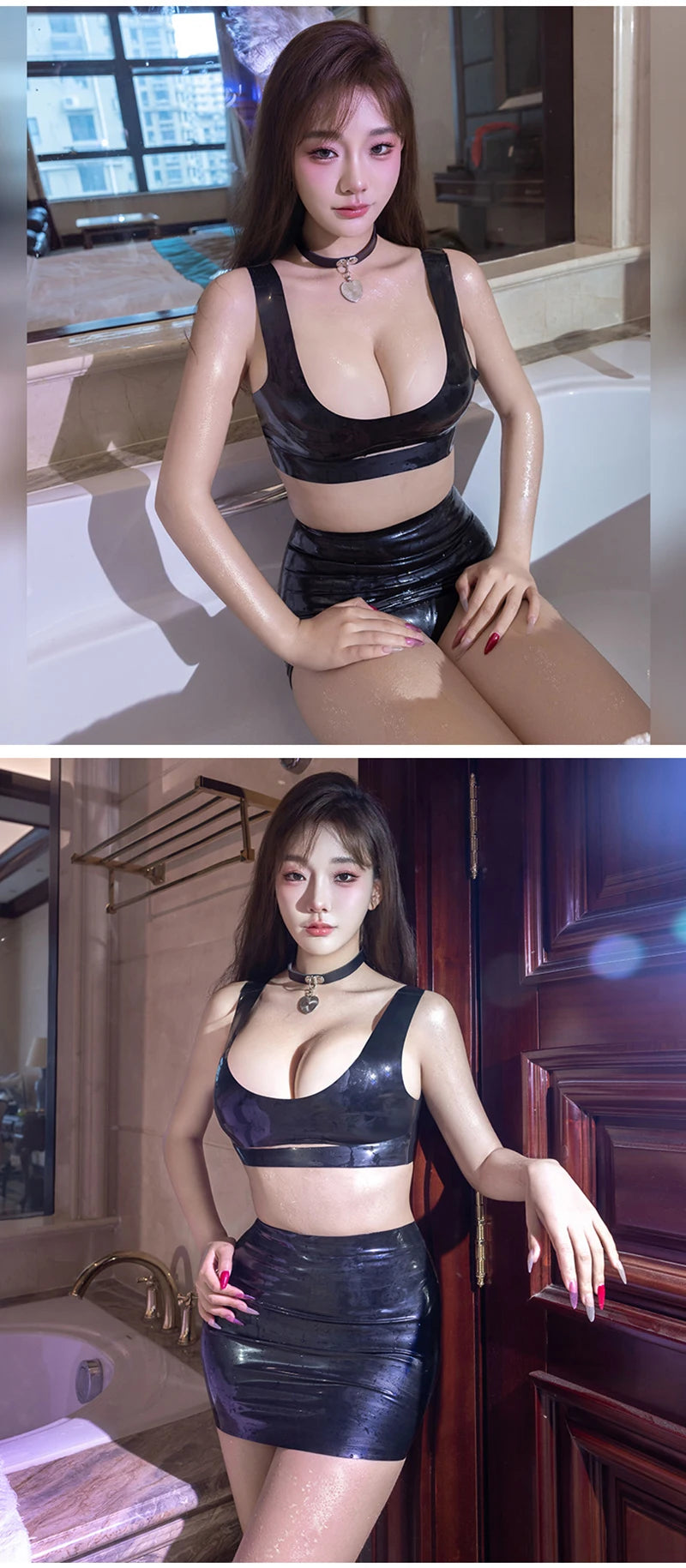 Sexy Women's Latex Clothing PU Elastic Hip Short MINI Skirt Shiny Maid Erotic Latex Top Intimate Lubrication Porn Costume