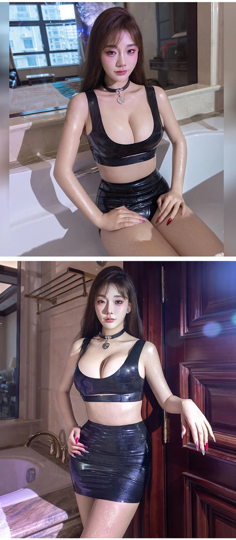 Sexy Women's Latex Clothing PU Elastic Hip Short MINI Skirt Shiny Maid Erotic Latex Top Intimate Lubrication Porn Costume