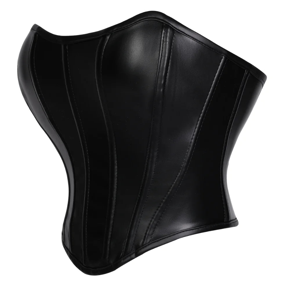 Women Faux Leather Strapless Corset Boned Back Lace Up Waist Cincher Gothic Party Club Night Out Wear