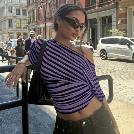 2026 New Autumn Women Vintage Striped Off Shoulder T-shirt Waist Cinching Slim Fit Daily Wear Ladies Tops