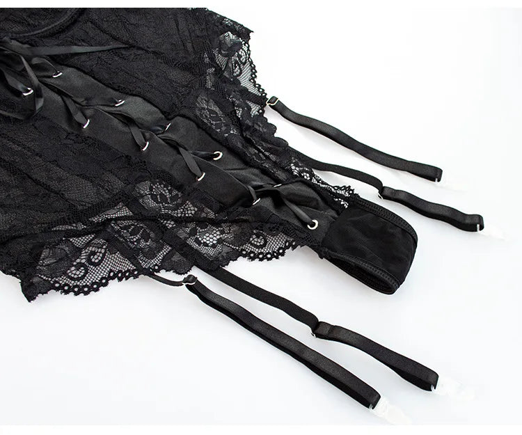 European and American Sexy See-through Dress Mesh Lace Garter Side One-Piece Underwear Women's Sexy Tight Jumpsuit Two-Piece Set