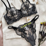 Sexy Custom Thong Name Embroidery Lingerie Set Customized Women Name Thong Sheer Bra + Brief Underwear Set Personalized Gift