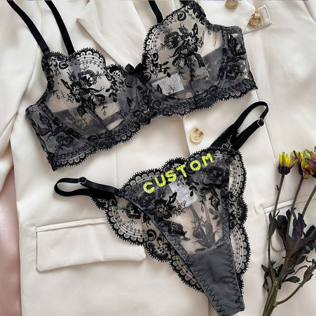 Sexy Custom Thong Name Embroidery Lingerie Set Customized Women Name Thong Sheer Bra + Brief Underwear Set Personalized Gift