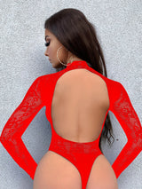 Sexy Lingerie Set Women's Long Sleeve Hollow Mesh Nightgown Garter Belt Backless Transparent Bikini Three-Piece Set