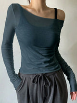 2026 New Arrival Women's T-Shirt: Off-the-Shoulder Semi-Sheer Long-Sleeved Casual Sexy Halter Neck