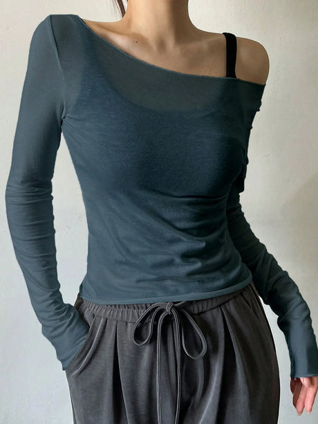 2026 New Arrival Women's T-Shirt: Off-the-Shoulder Semi-Sheer Long-Sleeved Casual Sexy Halter Neck