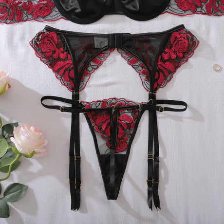 Heavy Crafted Rose Embroidered Mesh Perspective Underwear Color Match Splicing Mysterious Sexy Shaped Underwear Three Piece Set