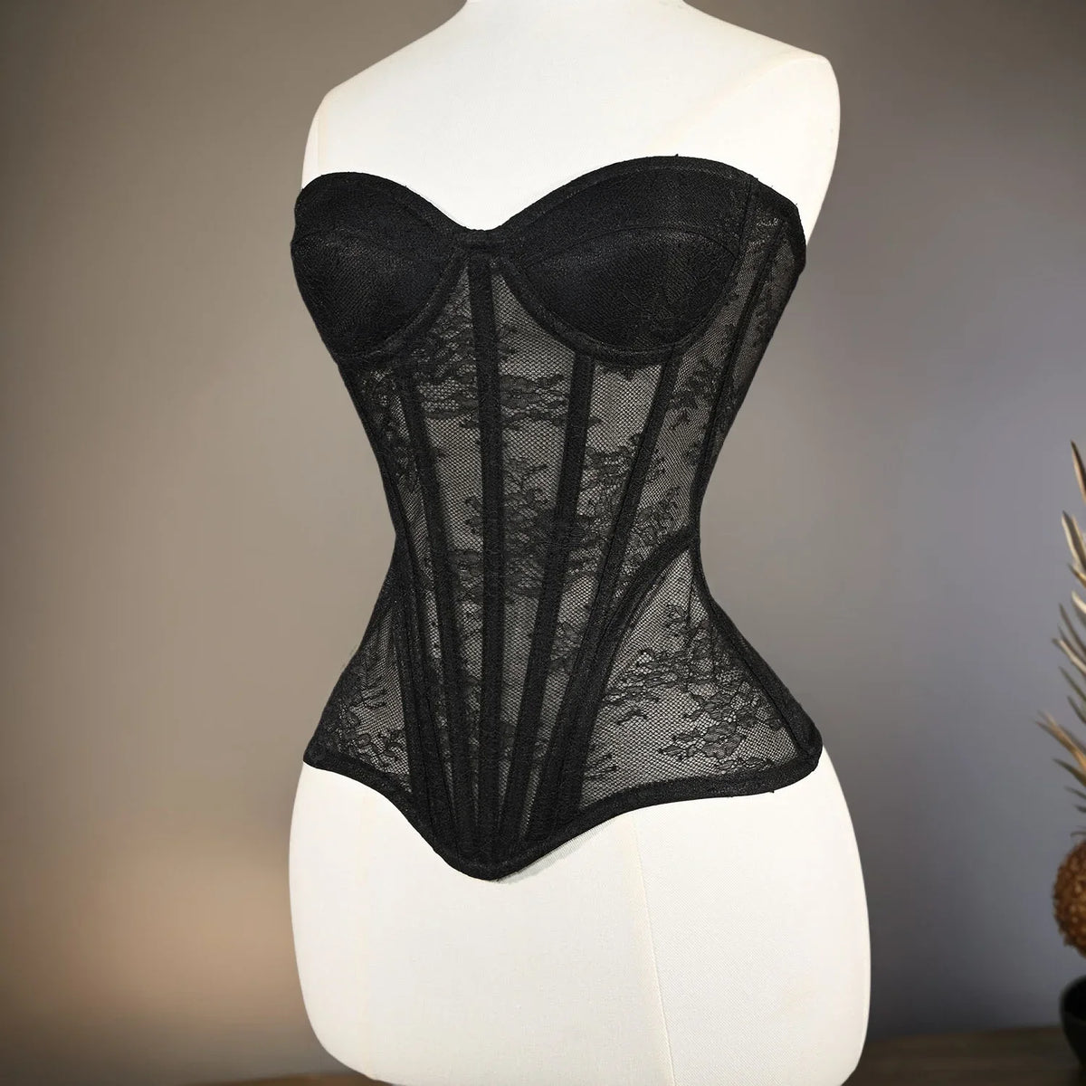 Women Mesh Corset Busiter Overbust Cups Push Breast Floral Lace Bodice Sext Tansparent Strapless Crop Tops Lace Up Steel Boned