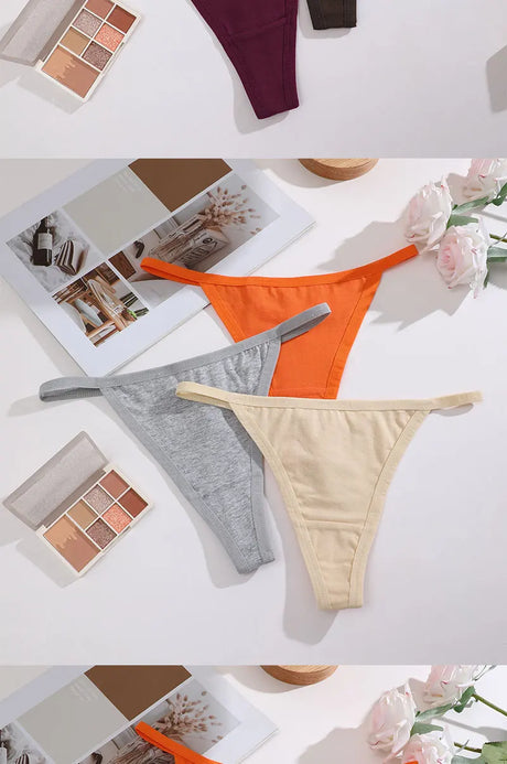 3Pcs/Set Women Sexy Cotton G-String Thin Strap Femme Thong Underwear Intimate Panties Low Waist Briefs Lingerie Cotton T-back