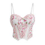 Retro White Mesh Corset Women Gothic Thin Strap Sweetheart Pink Floral Embroidery Waist Shaper Elegant Wear